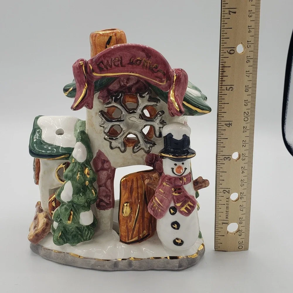 Ceramic Snowman and House Tealight Candle Decoration Welcome